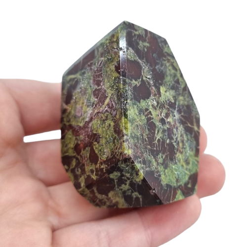 Kindred Crystal Collective — Dragon Blood Jasper Free Form, large polished deep red and green dragon blood jasper freeform, size reference with hand