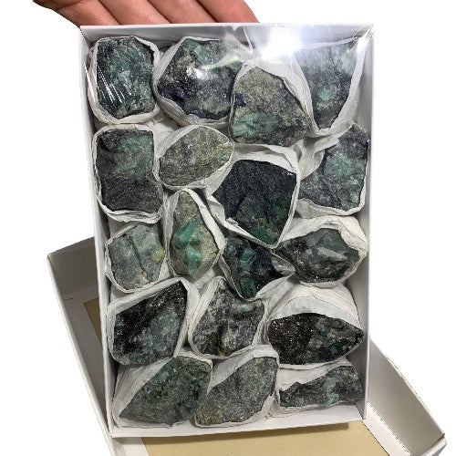 Kindred Crystal Collective — Emerald Rough Box, natural emerald rough specimen with deep forest green beryl crystals, presented in gift box