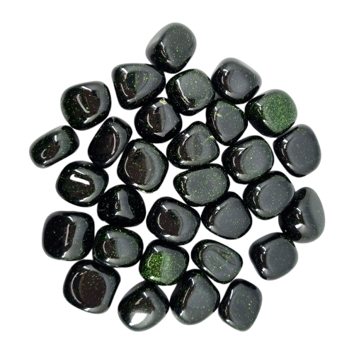 Kindred Crystal Collective — Green Goldstone Tumbled 1.5–2cm, large group of deep forest green glass stones with metallic copper sparkle on white background