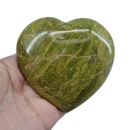 Large green opal heart showing natural green tones and smooth polished finish, a nourishing healing crystal for grief, renewal and prosperity