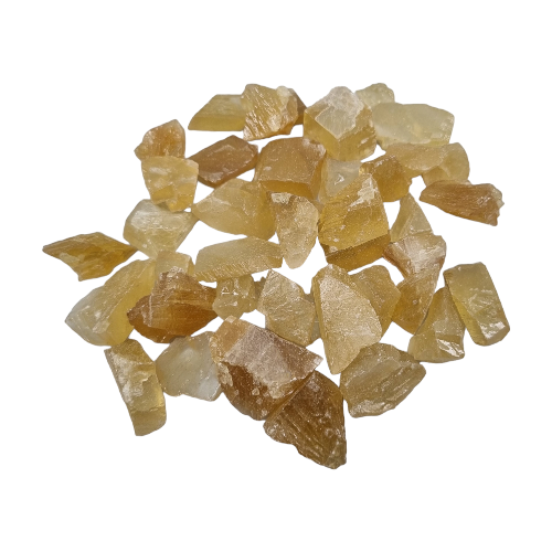 Kindred Crystal Collective — Honey Calcite Rough 500g, warm golden-amber raw honey calcite pieces in a clear bag on white background