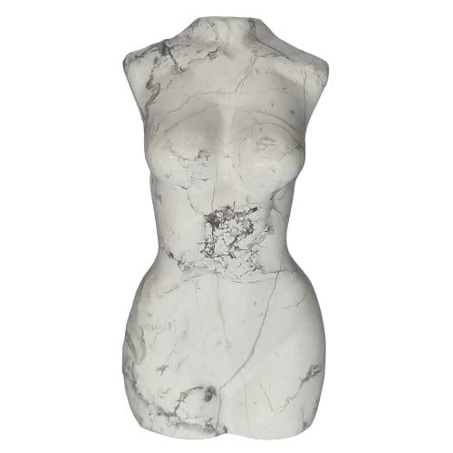 Kindred Crystal Collective — Howlite Female Body Carving, hand-carved Howlite feminine body sculpture showing white base with natural grey-black marbling pattern, front view