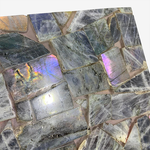 Kindred Crystal Collective — Labradorite Tile Purple Flash, polished labradorite tile showing rare violet and purple labradorescence flash, 18.1x18cm
