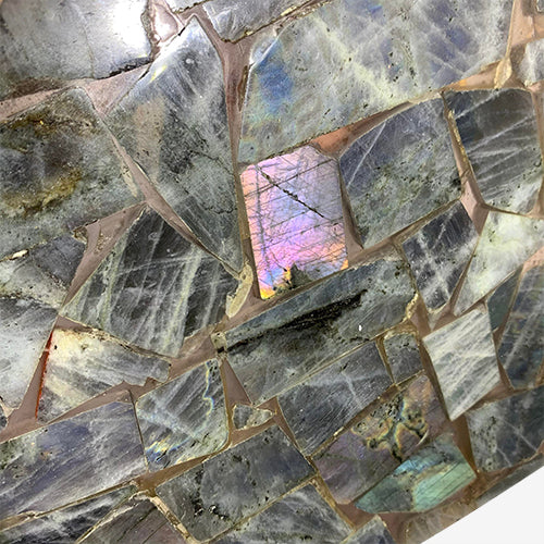 Kindred Crystal Collective — Labradorite Tile Purple Flash, close-up detail of rare purple labradorescence across polished labradorite feldspar surface
