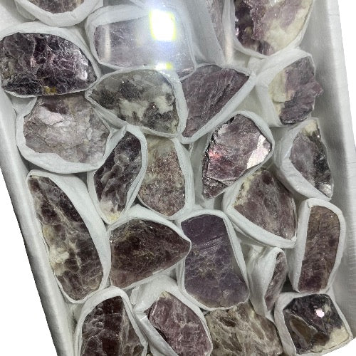 Kindred Crystal Collective — Lepidolite Rough Box, close-up detail of natural lepidolite micaceous layers and gentle shimmer in dusty rose and lilac