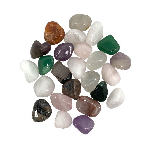 Kindred Crystal Collective — Mixed Tumbled 1.5–2cm, assorted polished tumbled stones including rose quartz, amethyst, green aventurine, carnelian, smoky quartz and clear quartz on white background