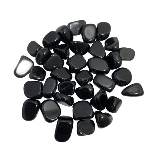 Kindred Crystal Collective — Black Obsidian Tumbled 1.5–2cm, large pile of small polished jet black volcanic glass stones with mirror-like glassy finish on white background