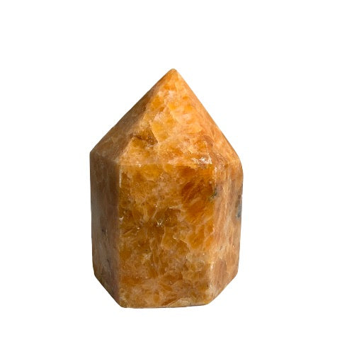 Kindred Crystal Collective — Orchid Calcite Generator, polished warm amber-orange orchid calcite generator point, front view on white background