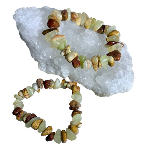 Kindred Crystal Collective — Pakistani Onyx Tumbled Bead Bracelet 10mm, polished beads in soft green, cream, honey and brown tones with natural banding.