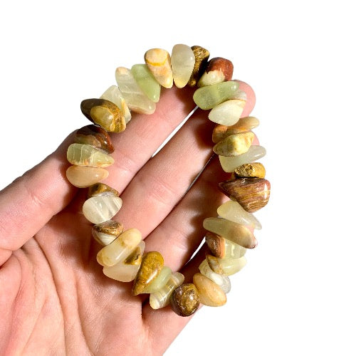 Kindred Crystal Collective — Pakistani Onyx Tumbled Bead Bracelet 10mm, polished beads in soft green, cream, honey and brown tones with natural banding.