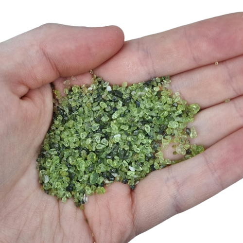 Kindred Crystal Collective — Peridot Chips 500g, a pile of small olive-green crystal chips