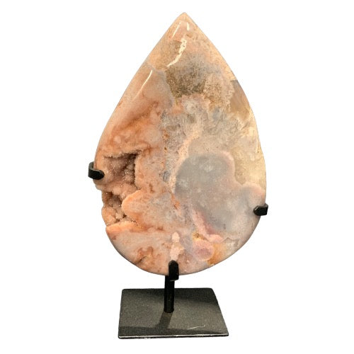 Natural pink amethyst teardrop 2kg, 26cm tall, with soft blush pink druzy crystal surface on display stand, for heart chakra and self-love