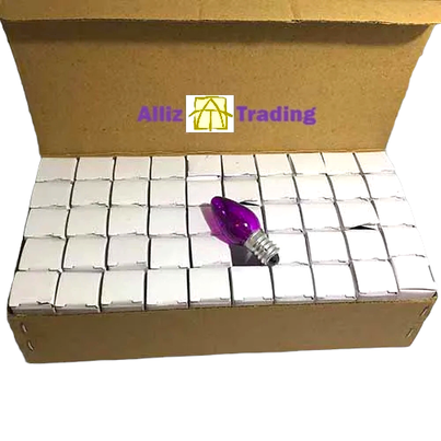Kindred Crystal Collective — Purple Screw-in Globes box of 50, open cardboard box with rows of white cartons and a purple globe with a silver-coloured screw base displayed on top
