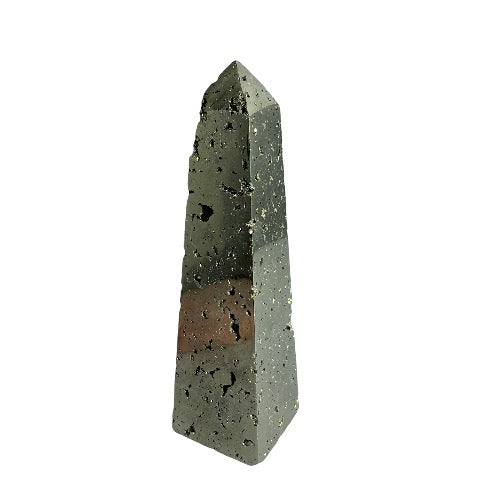Kindred Crystal Collective — Pyrite Obelisk, polished natural pyrite obelisk with metallic golden-grey cubic crystal surface, white background