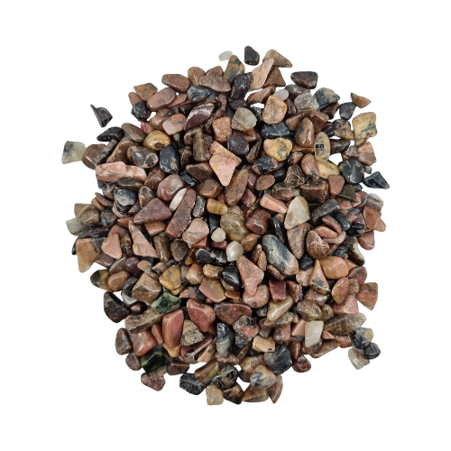 Kindred Crystal Collective — Rhodonite Chips 500g, a pile of polished dusty pink, brown and black stone chips