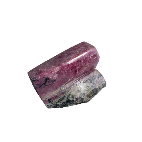 Kindred Crystal Collective — Rhodonite Free Form, deep rose-pink and black veined rhodonite freeform with polished top and raw grey base, white background