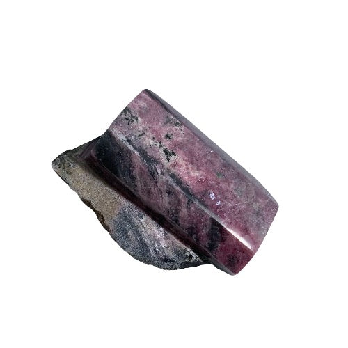 Kindred Crystal Collective — Rhodonite Free Form, deep rose-pink and black veined rhodonite freeform with polished top and raw base, white background