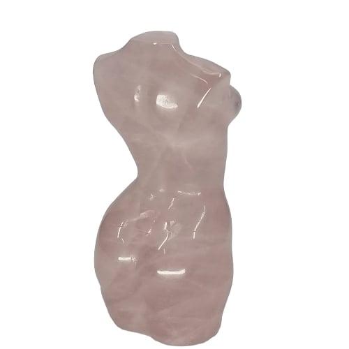 Kindred Crystal Collective — Rose Quartz Female Body Carving, polished Rose Quartz goddess figurine side profile showing curved silhouette and natural blush pink colouring