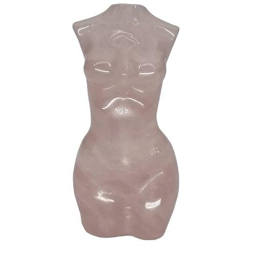 Kindred Crystal Collective — Rose Quartz Female Body Carving, polished Rose Quartz feminine body sculpture showing soft blush pink tones and natural translucency, front view