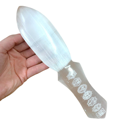 Natural selenite 7 chakra knife 275g with seven coloured chakra gemstones along the blade, for chakra healing, cord cutting and energy clearing