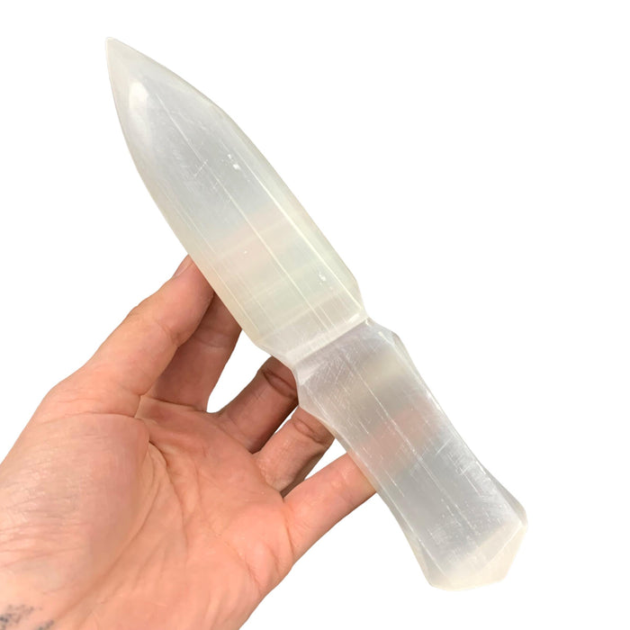 Natural selenite athame ritual knife 160g in soft white with natural striations, for cord cutting, energetic protection and spiritual connection