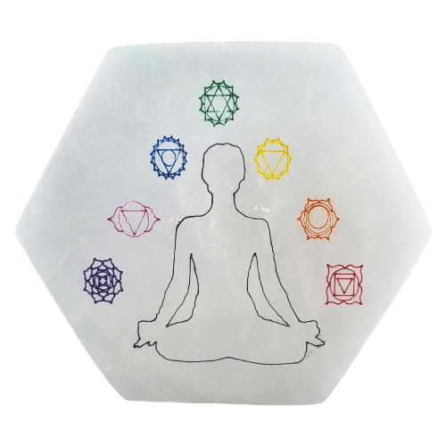 Natural selenite chakra charging plate with engraved seven chakra symbols, for energy cleansing, crystal charging and chakra healing