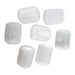 Kindred Crystal Collective — Selenite Tumbled 3–3.5cm, seven chunky barrel-shaped translucent white selenite stones with visible striation lines on white background