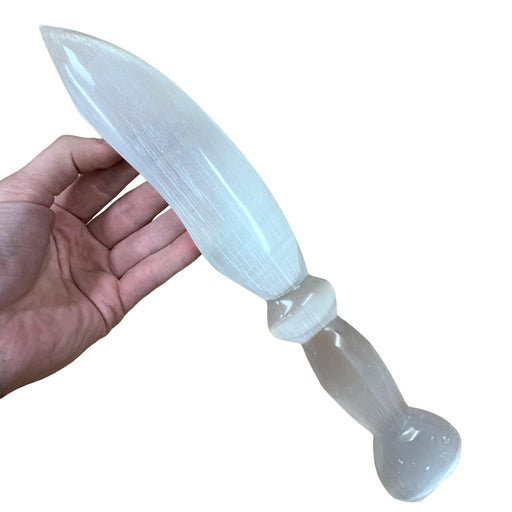 Natural selenite wand with carved heart handle 355g in soft white, for cord cutting, energy clearing and spiritual cleansing