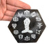 Selenite zodiac plate hexagon in black and white with engraved zodiac symbols, a crystal charging plate for cleansing and protection