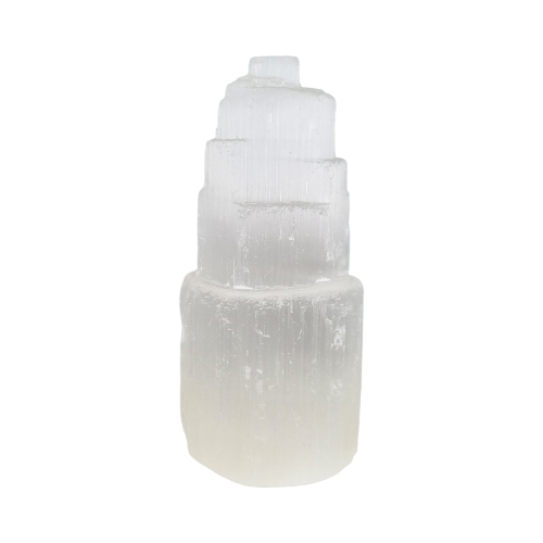 Natural selenite crystal tower 10cm in translucent white with silky striations, for energy cleansing, peace and spiritual clarity