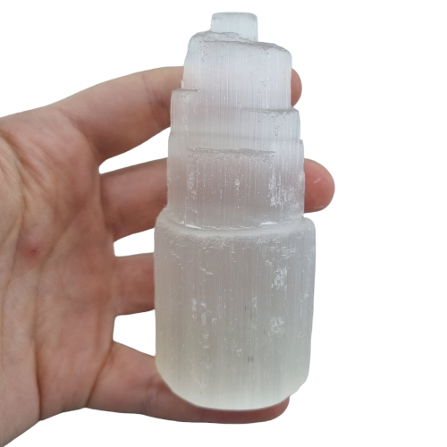 Natural selenite crystal tower 10cm in translucent white with silky striations, for energy cleansing, peace and spiritual clarity