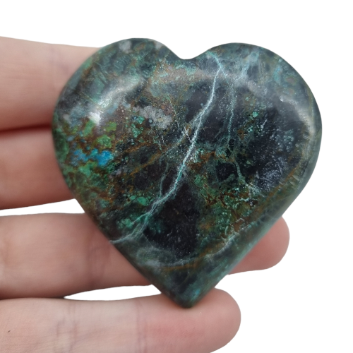 Shattuckite heart 119g showing rich blue tones with malachite and chrysocolla inclusions, a rare healing crystal for third eye and heart chakra
