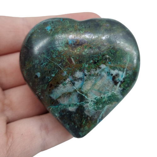 Shattuckite carved heart 128g with vivid blue and earthy tones, a one-of-a-kind rare crystal for enlightenment and spiritual insight