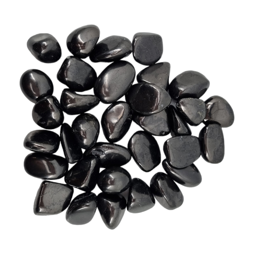 Kindred Crystal Collective — Shungite Tumbled 1.5–2.5cm, large group of polished deep black shungite stones with semi-glossy finish on white background