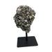 Kindred Crystal Collective — Silver Titanium Aura Cluster, metallic silver iridescent quartz cluster on black metal pin stand, white background