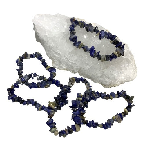 Kindred Crystal Collective — Sodalite Chip Bracelets (Pack of 5), polished stone chips in rich blue tones with natural cream-grey markings.