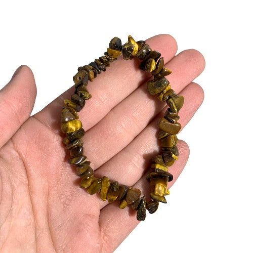 Kindred Crystal Collective — Tiger Eye Gold Chip Bracelets (Pack of 5), polished golden-brown stone chips with rich banding and a silky reflective sheen.