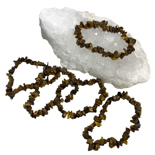 Kindred Crystal Collective — Tiger Eye Gold Chip Bracelets (Pack of 5), polished golden-brown stone chips with rich banding and a silky reflective sheen.