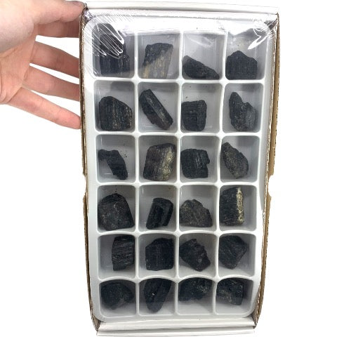 Kindred Crystal Collective — Tourmaline Rough Boxed, side view of raw black tourmaline schorl showing columnar formation and deep opaque colouring