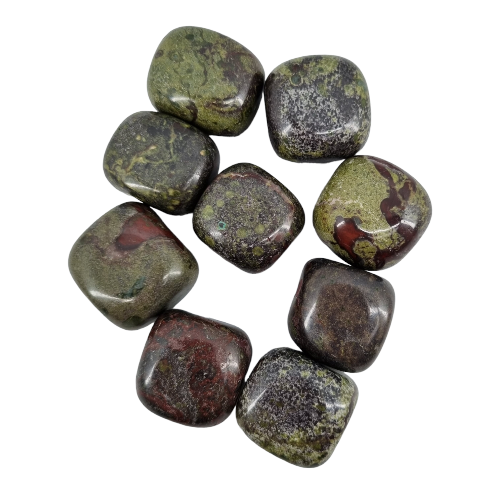 Kindred Crystal Collective — Dragon Blood Jasper Tumbled 2–2.5cm, eight polished deep olive green stones with vivid red and burgundy patches on white background