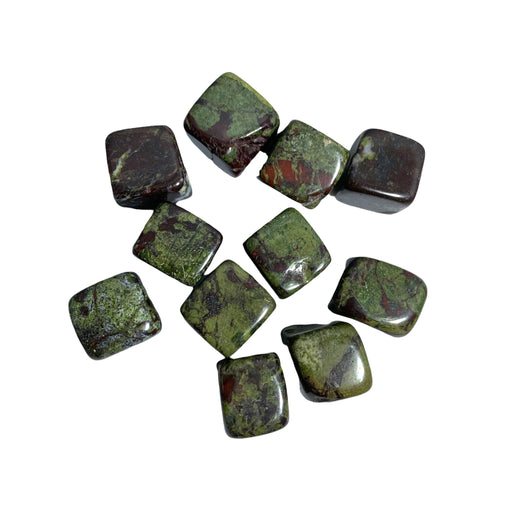 Kindred Crystal Collective - Ten polished Dragon's Blood Jasper square tumbled stones displaying deep forest green with vivid red and burgundy inclusions.