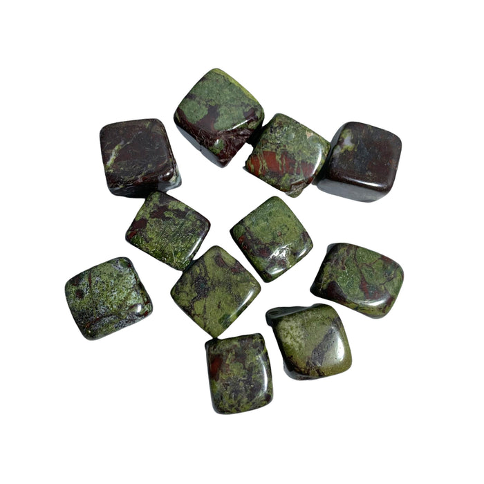 Kindred Crystal Collective - Ten polished Dragon's Blood Jasper square tumbled stones displaying deep forest green with vivid red and burgundy inclusions.