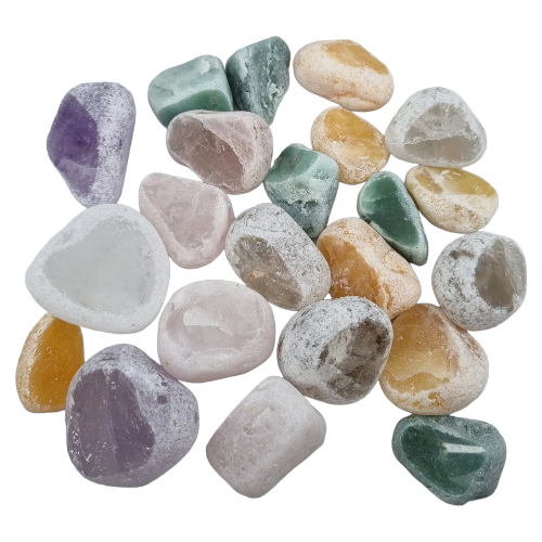 Kindred Crystal Collective — Ema Eggs Mixed 500g, twenty-two naturally tumbled river stones in a mix of amethyst, rose quartz, clear quartz, green and yellow varieties, each with frosted white exterior and polished window on white background