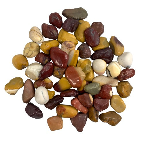 Kindred Crystal Collective — Mookaite Tumbled 1.5–2cm, large pile of polished Australian jasper stones in rich burgundy, mustard yellow, cream and olive green tones on white background