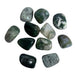 Kindred Crystal Collective — Moss Agate Tumbled 2–2.5cm, ten polished translucent chalcedony stones with deep forest green and teal moss-like dendritic inclusions on white background